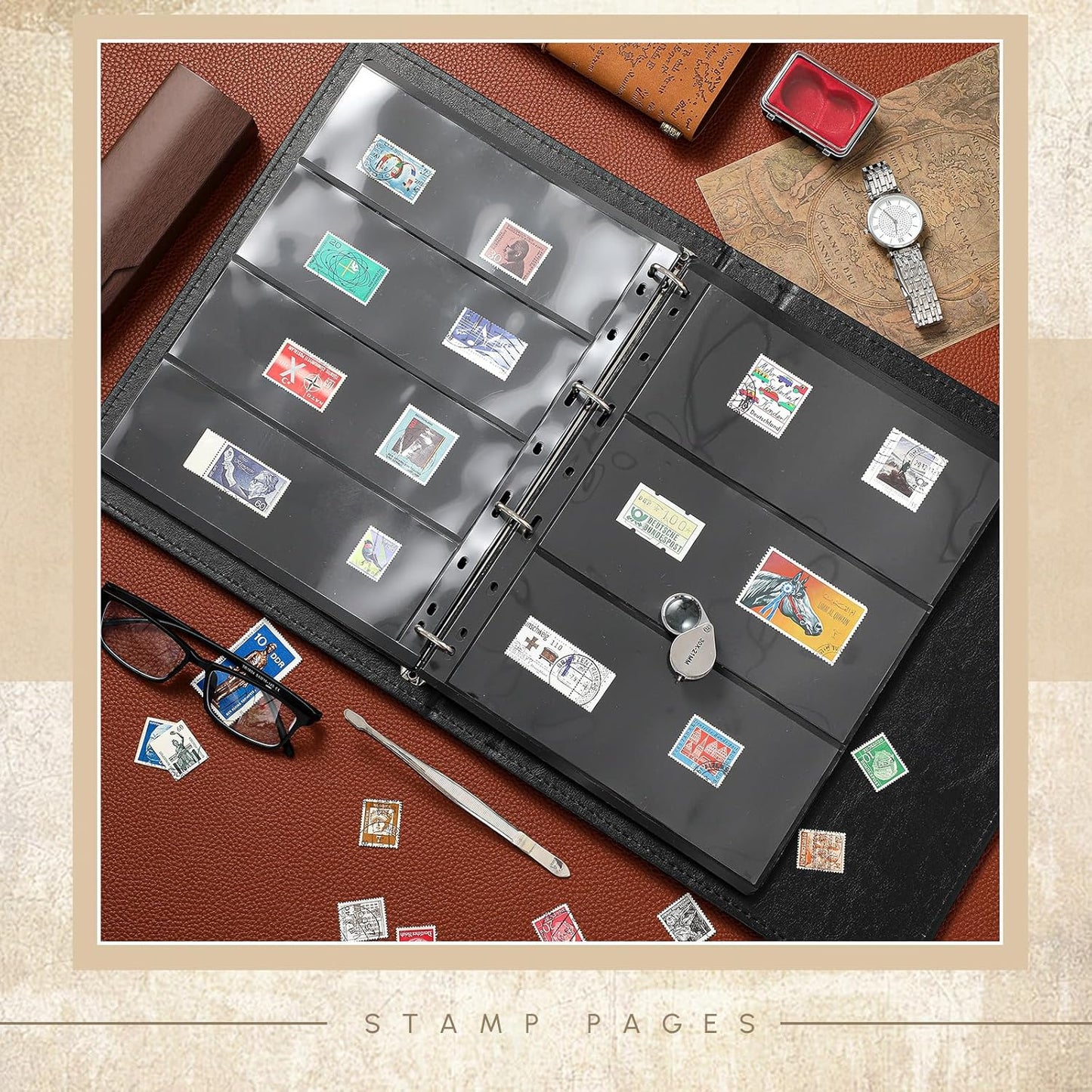 Lewtemi Stamp Collecting Albums Set Stamp Collection Book Include 20 Pages Album Binder Tweezer and Loop Magnifier Collecting Supplies for Collectors(Black,1/2/3/4 Rows)
