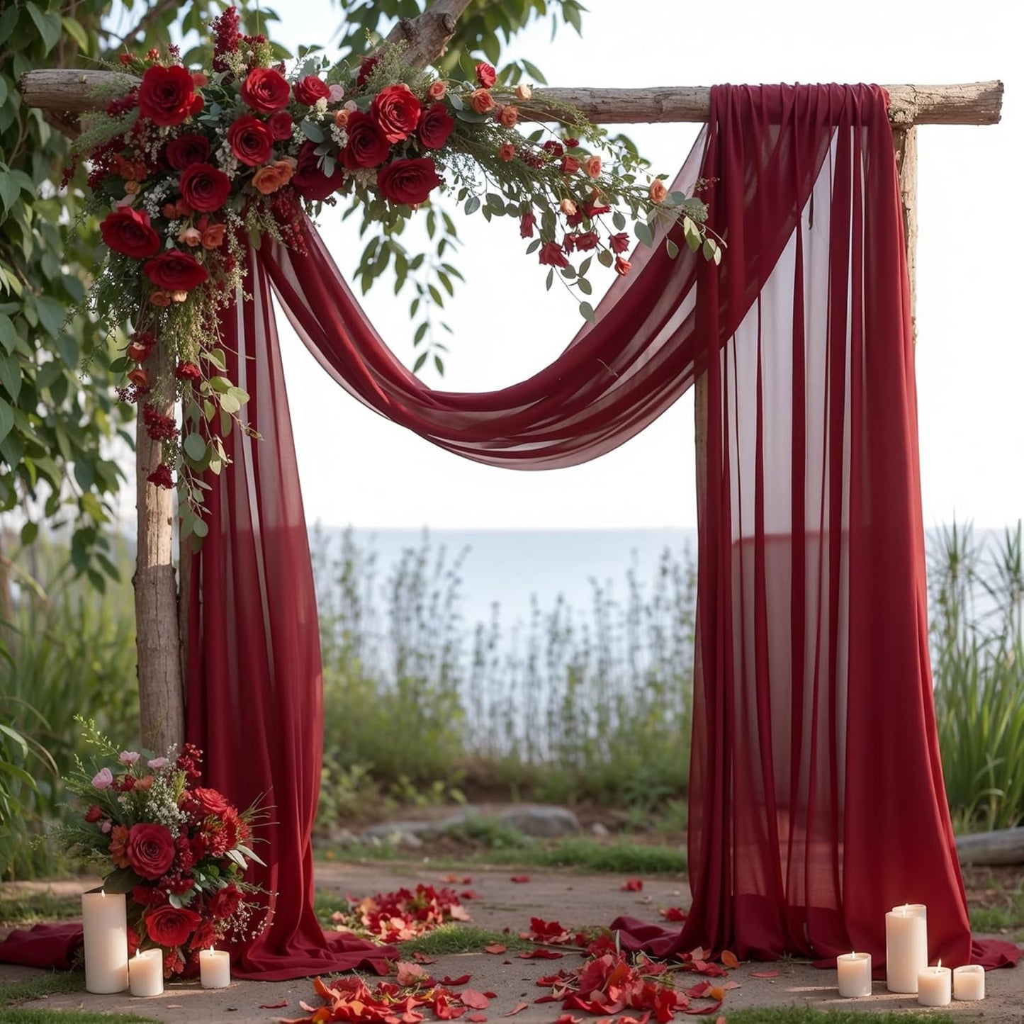 Wedding Arch Draping Fabric, 2 Panels 18FT Burgundy Sheer Backdrop Curtain Chiffon Fabric Drapery Sheer Voile Scarf Draping Panels for Wedding Archway Ceremony Curtain Valance Party Decoration