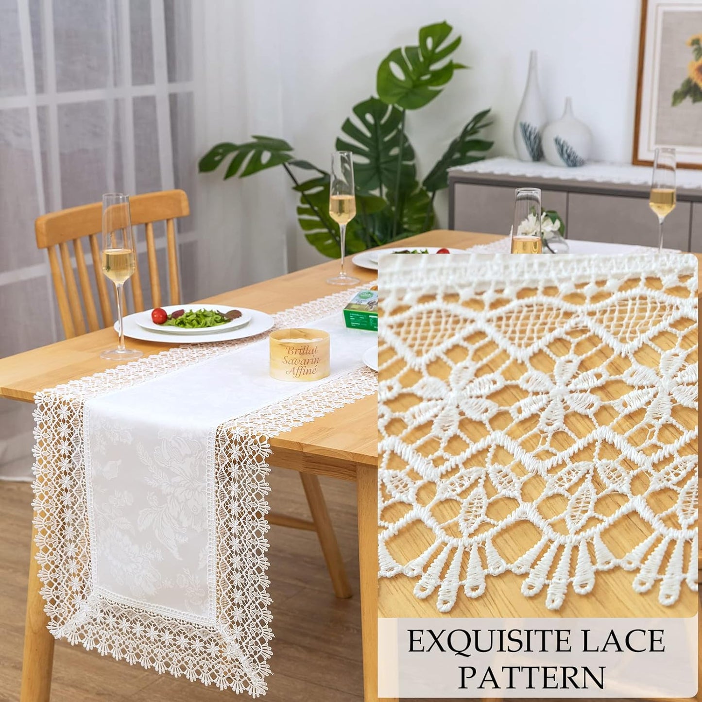 White lace Premium Rectangle Farmhouse Table Runner Waterproof OilProof SpillProof AntiShrink Soft Wrinkle Resistant Decorative Fabric Table Cover Kitchen Dinning Party Wedding Banquet