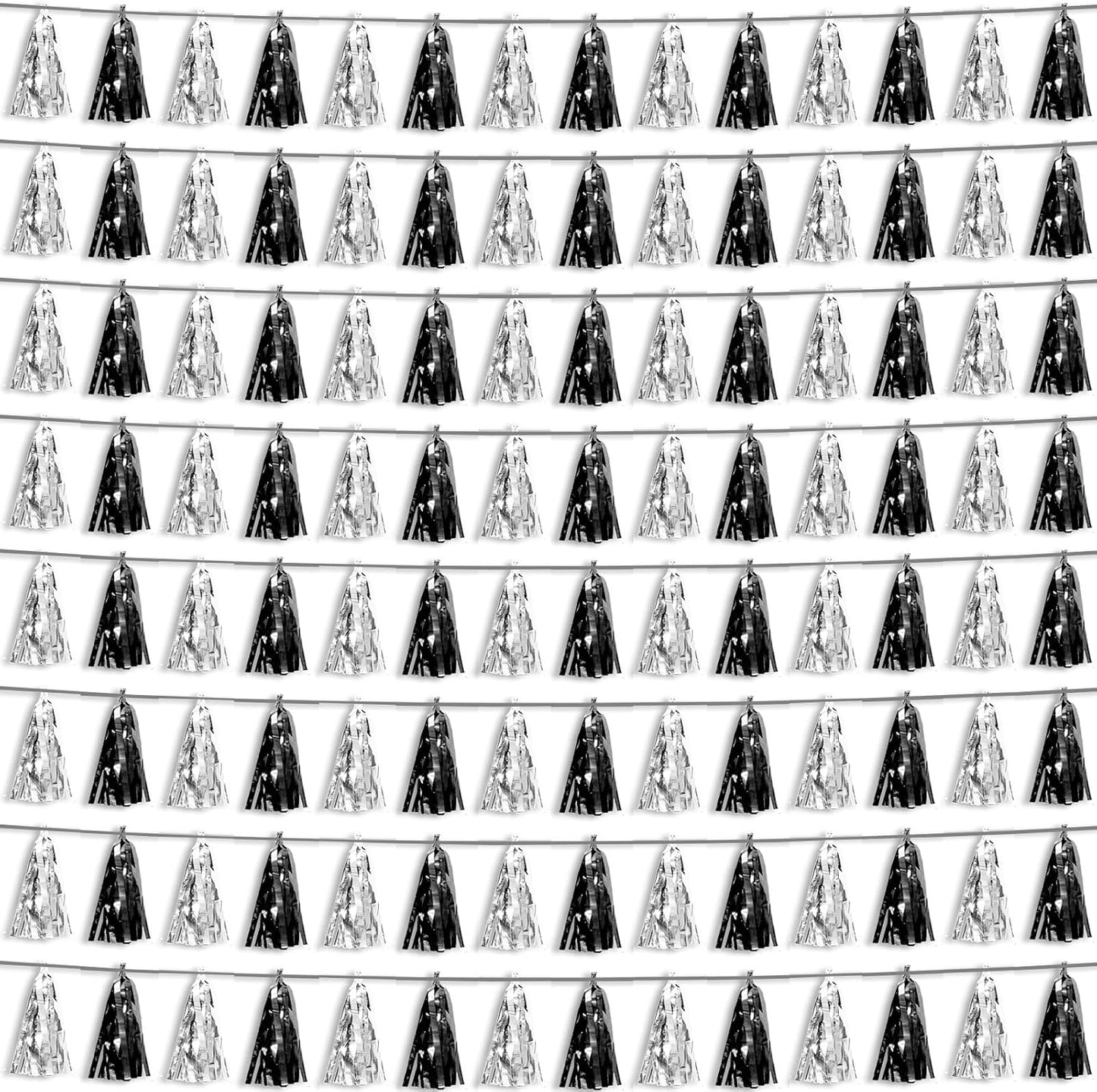 8P Black Silver Foil Fringe Metallic Tassel Streamers Banner Tassel Garland for Parade Floats, Graduation, Wedding, Birthday, Halloween, Christmas, Bridal/Baby Shower Party Decorations