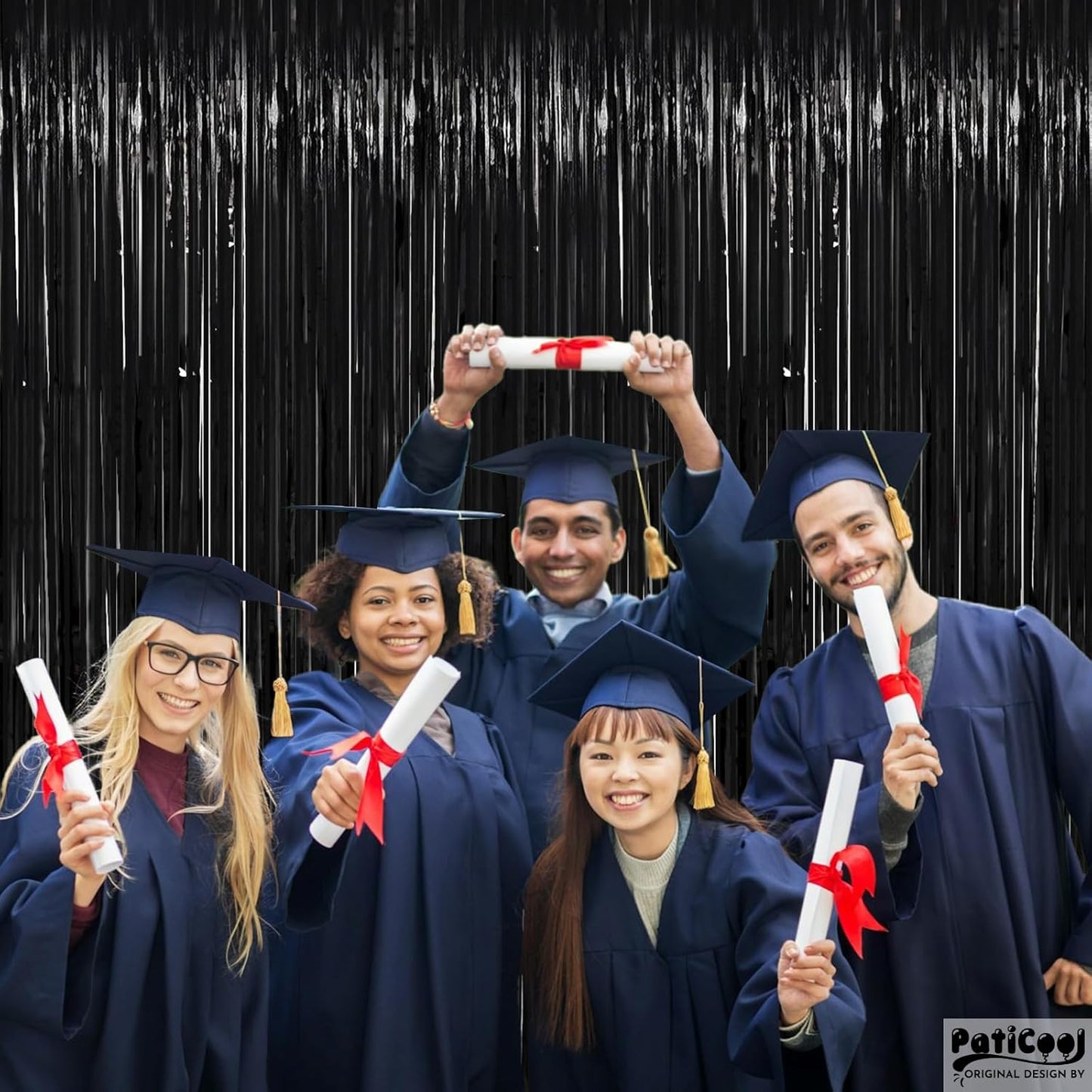 Black Streamers Party Decorations - Thicken 4 Pack 3.2 x 8.2 FT - Black Tinsel Foil Fringe Backdrop Curtains, Photo Booth Props for Birthday, Halloween, Retirement, Bachelor Party Decorations