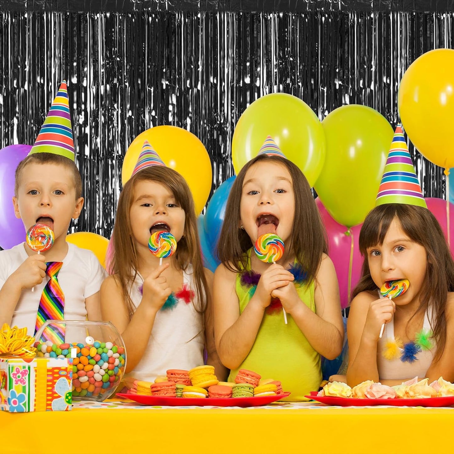 Black Fringe Curtain Party Streamers, 12 Pack 3.3ft x 8.2ft Foil Curtain Backdrop Tinsel Foil Fringe Curtains Photo Booth Backdrop Streamer for Birthday, Wedding, Baby Shower, Disco Party