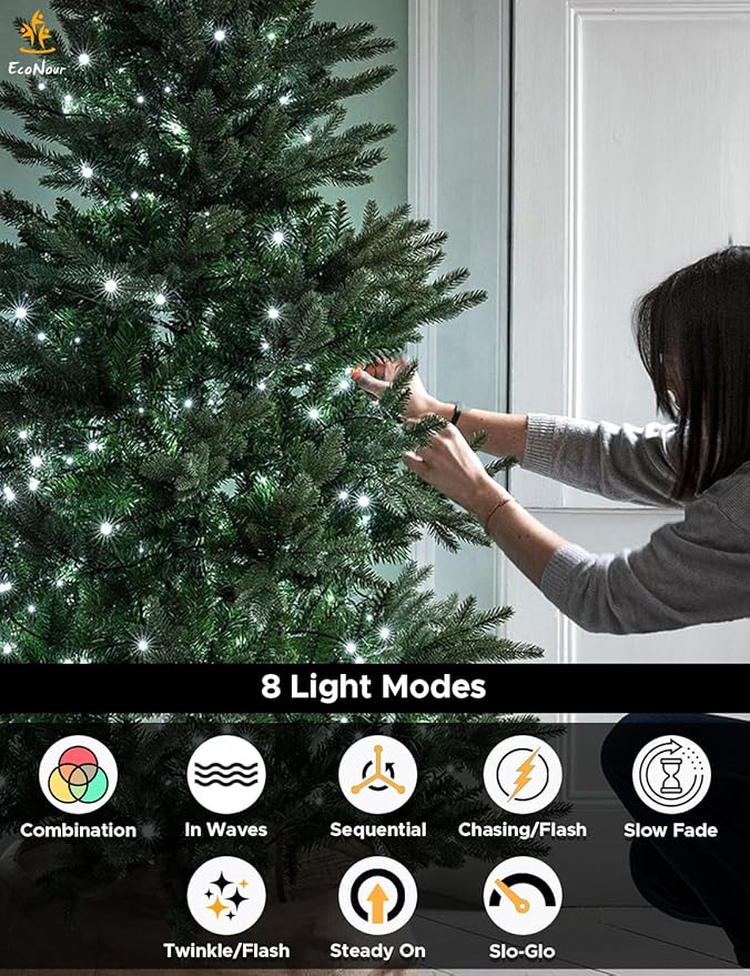 EcoNour 62Ft 1500 LED Cluster Twinkle Lights for Christmas Tree, 8 Modes String Lights for Decoration with Timer and Memory Function, Elegant Cool White Fairy Lights for Magical Home & Indoor