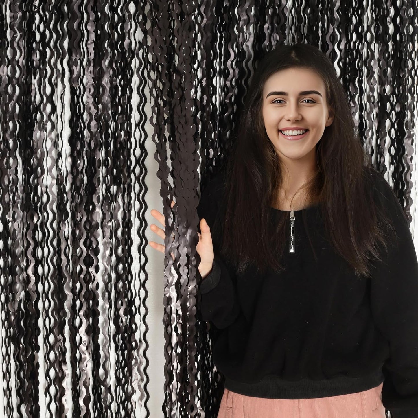 Black Foil Fringe Curtains Party Decorations - 4 Pack 3.3 ft x 6.6 ft Foil Party Curtain Streamer Backdrop for Halloween | Graduation | Fiesta Birthday Decor