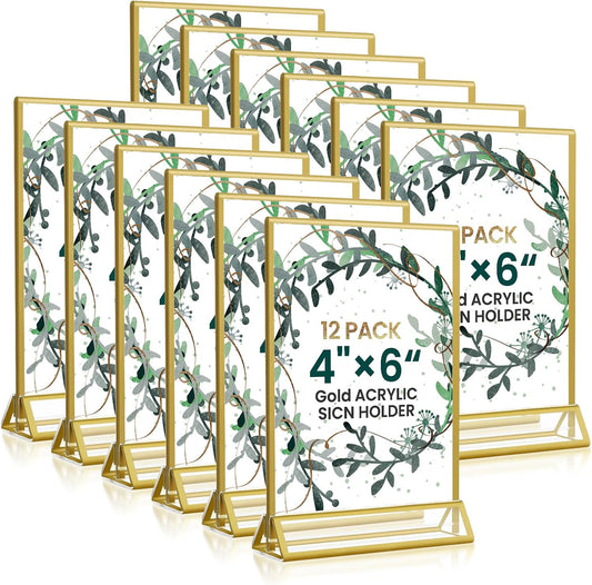 Acrylic Gold Sign Holders 4x6, 12 Pack Wedding Gold Table Number Holders, Double Sided Photo Display Picture Frame Paper Stand, Clear Flyer Stand Menu Holder for Wedding, Home, Party, Restaurant