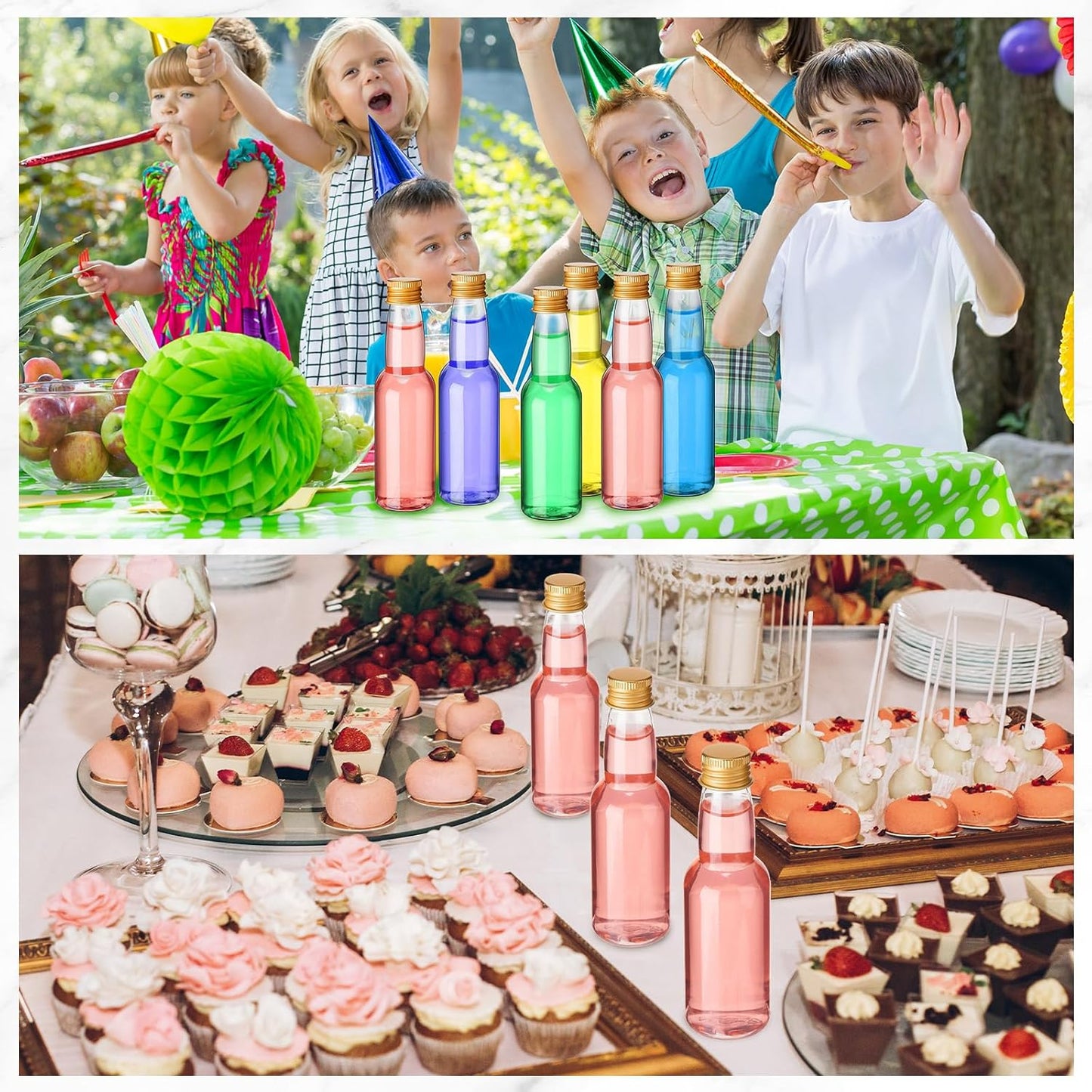 120 Pcs Mini Liquor Bottles Airtight Shot Miniature Empty Plastic Alcohol Spirit Shot Bottles with Funnels for Party Favors, Weddings(3.3 oz,Gold)