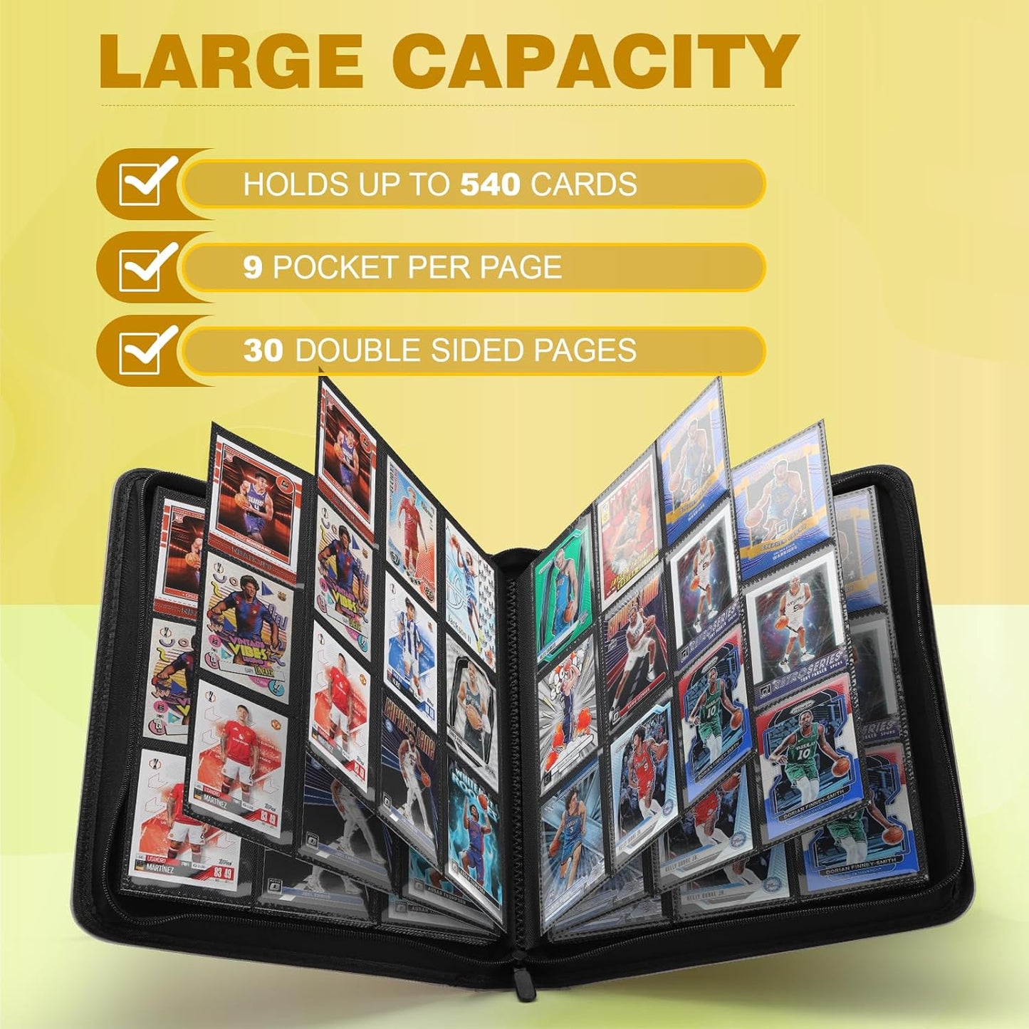Trading Card Binder, Card Binder 9 Pocket for Trading Cards, Holds 540 Cards, Zippered Premium Card Collection Binder Album for Game Card, Sports Card, Yugioh, MTG (Carbon ash)