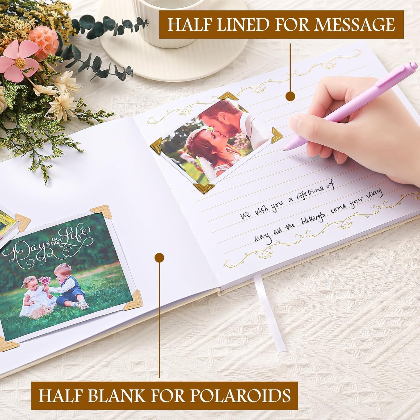 8x10 Leather Guest Book and Standup Sign Set, Gold Foiled Cover Registry Book for Wedding Reception, Retirement Party, Vacation Homes and Events, 120 Pages (White)