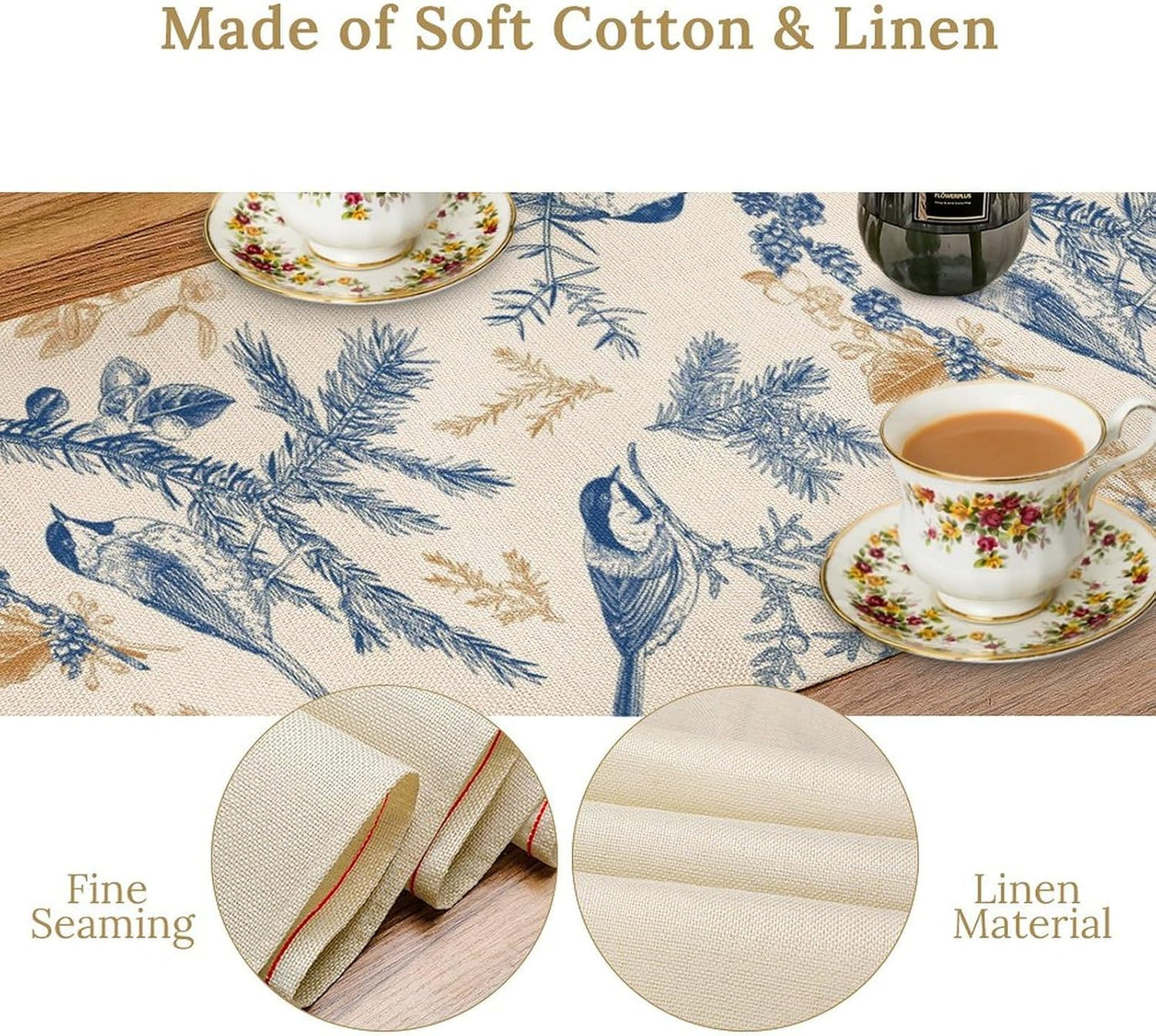 Floral Table Runner,Sketch Birds and Flowers Summer Table Runner Kitchen Dining Table Decoration for Home Party Decor 13x90 Inch