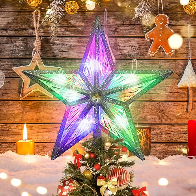Star Christmas Tree Topper, 8in UL Listed 3D Star Tree Topper Lights, Double Sided Christmas Tree-top with 10 LED Multicolor Lights for Xmas Tree New Year Home Decor, Silver