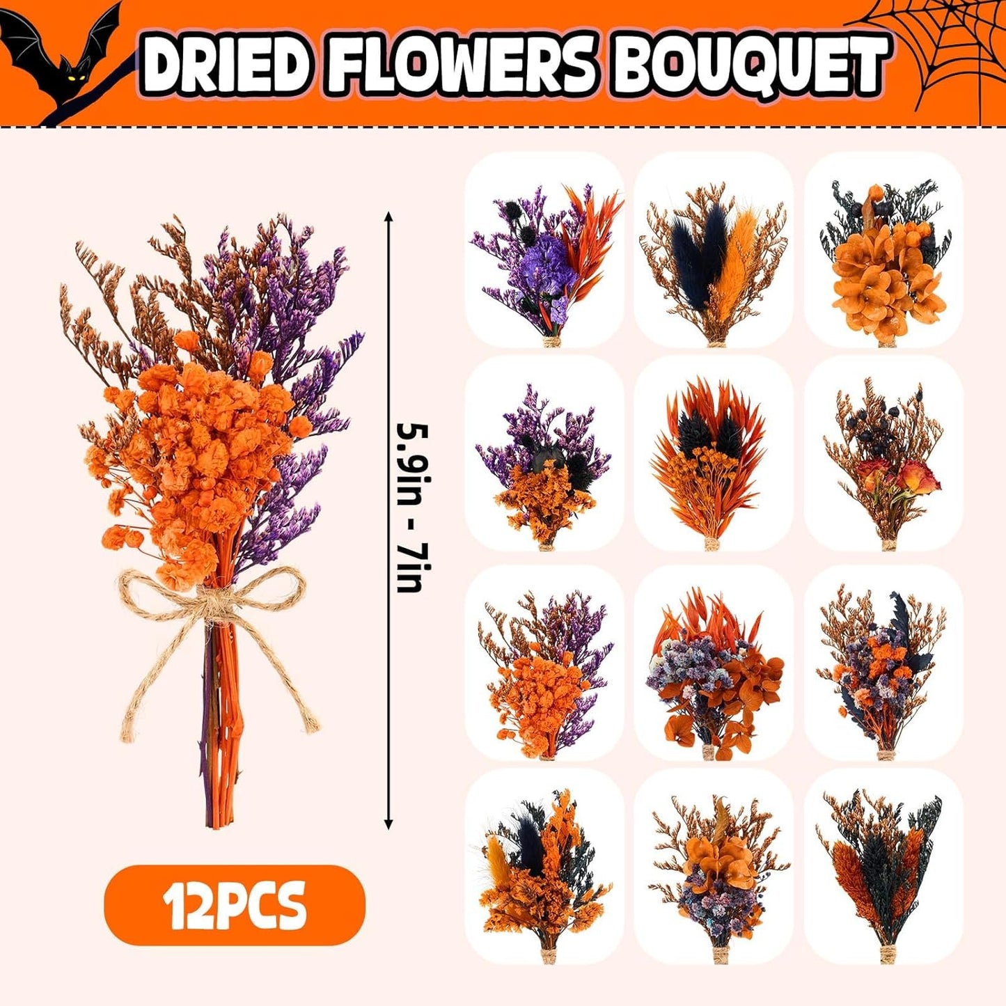 12/24 PCS Charming Dried Flowers Bouquet for Vase Various Dried Wildflowers with Stems Mini Handmade Wildflowers Natural Real Flowers Bulk Flowers Craft (Colorful World, 12PCS)