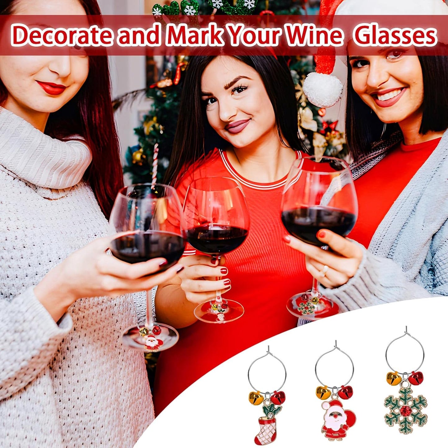 SANNIX 24pcs Christmas Wine Glass Charms - Identification Markers for Stem Glasses, Wine Tasting Party Favors & Holiday Decorations