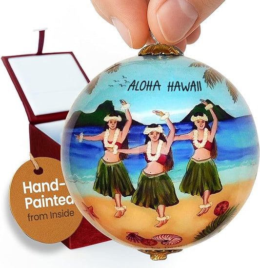 Collectible Hawaiian Hula Ornament Hand Painted Glass with Gift Box HU/H