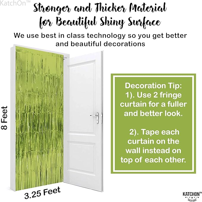 KatchOn, XtraLarge Sage Green Foil Fringe Curtain - 3.2x8 Ft, Pack of 2 | Sage Green Backdrop for Wild One Birthday Decorations | Streamer Backdrops for Jungle, Safari, Dinosaur Party Decorations