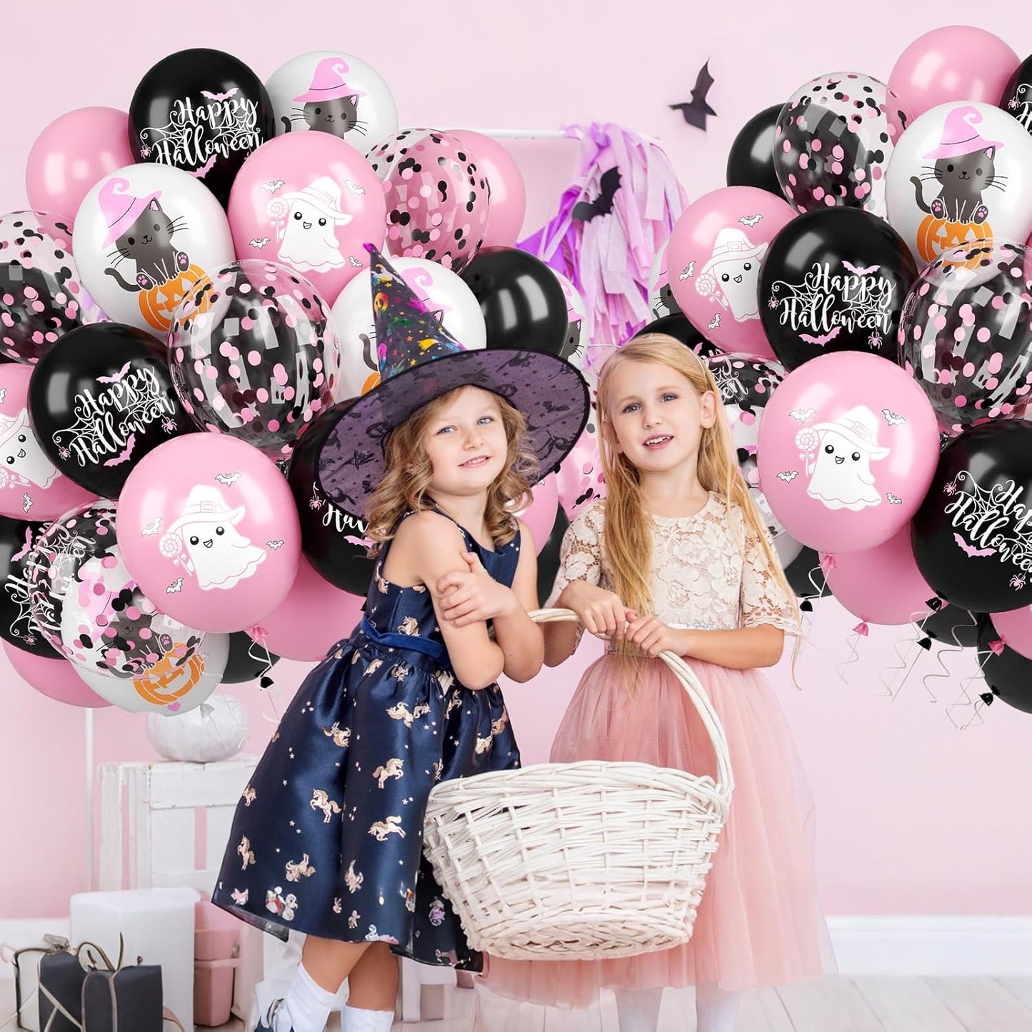 Halloween Balloons, 52 PCS Pink Black Halloween Balloons with Pumpkin Cat, Ghost Printed Balloon, Pink Black Confetti Latex Balloon for Ghost Party Decorations