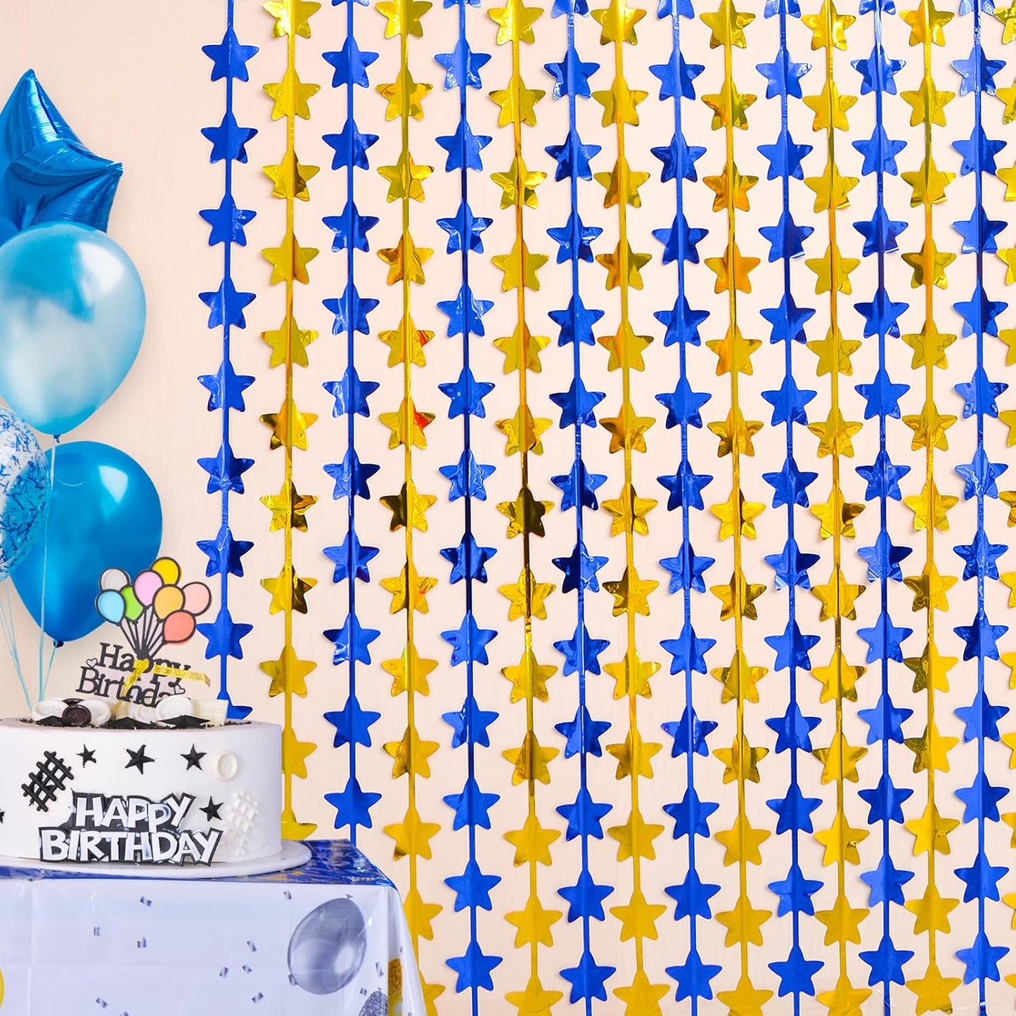 LOLStar 2 Pack Graduation Decoration 2025 3.3 x 6.6 ft Blue Gold Star Each Foil Fringe Tinsel Curtains Backdrop, Navy Blue and Gold Star Streamers for Birthdays, Retirement, Bridal Showers, Banquet