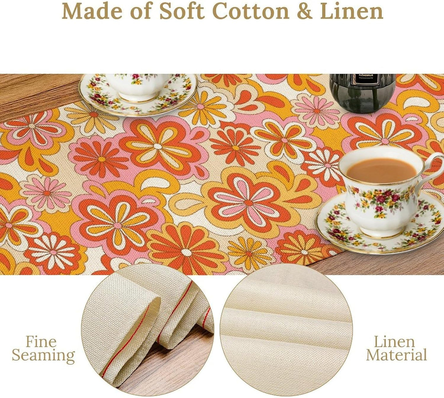 Vintage Floral Table Runner,70s Style Retro Daisies Flower Hippie Table Runner for Kitchen Dining Table Home Party Decoration 13x36 Inch