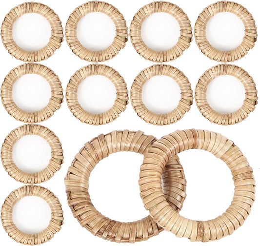 Woven Napkin Rings Set of 12 - Handmade Rattan Napkin Holders for Farmhouse Table Décor, Rustic Holiday Dining, Wedding, Thanksgiving, Christmas & Everyday Use (Natural) - CLEENTABLE