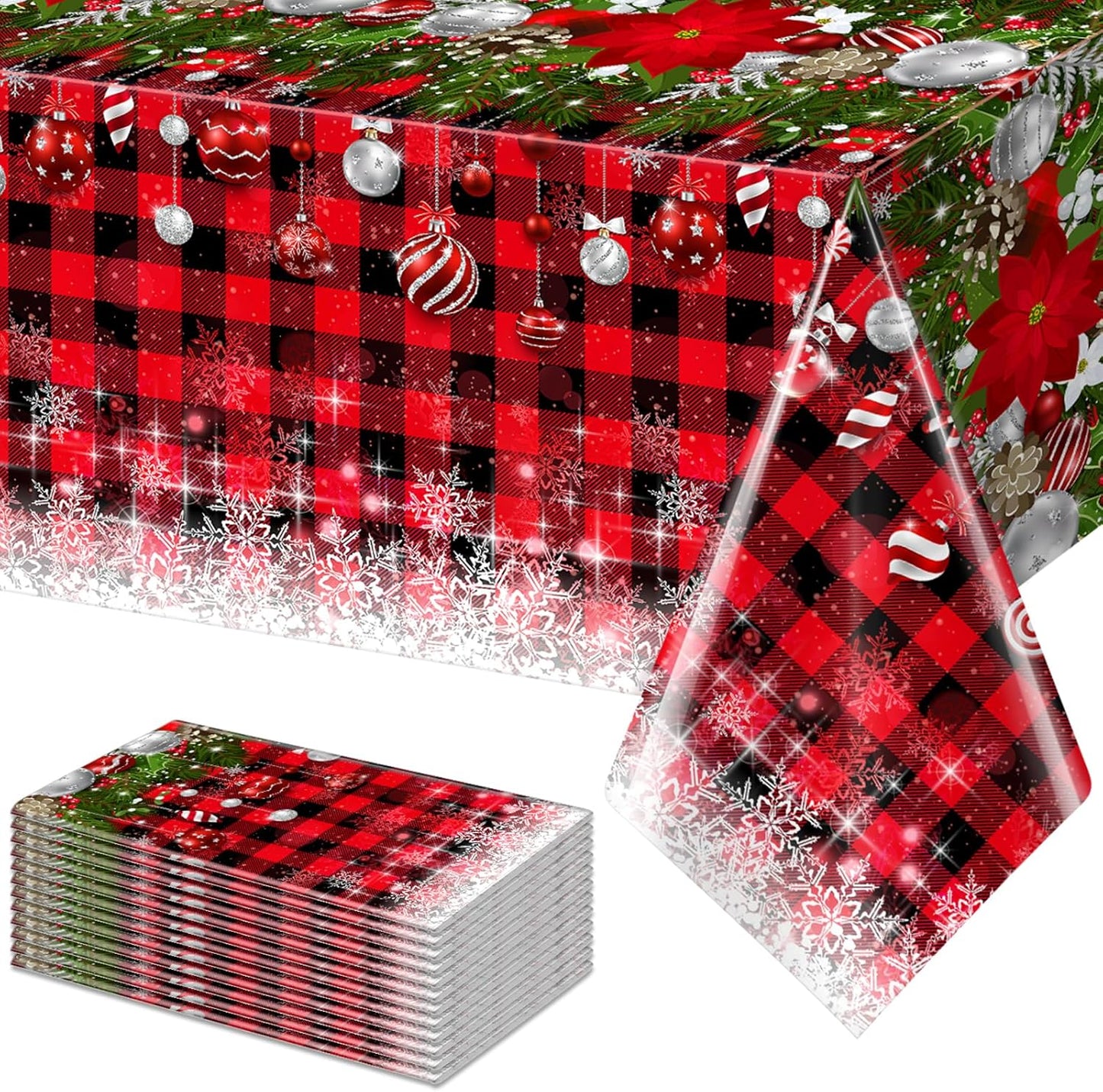 12Pcs Christmas Buffalo Plaid Snowflake Tablecloths,Plastic Red and Black Checkered Rectangle Christmas Tree Color Ball Table Cover for Winter Christmas New Year Holiday Party Decorations,54x108 inch