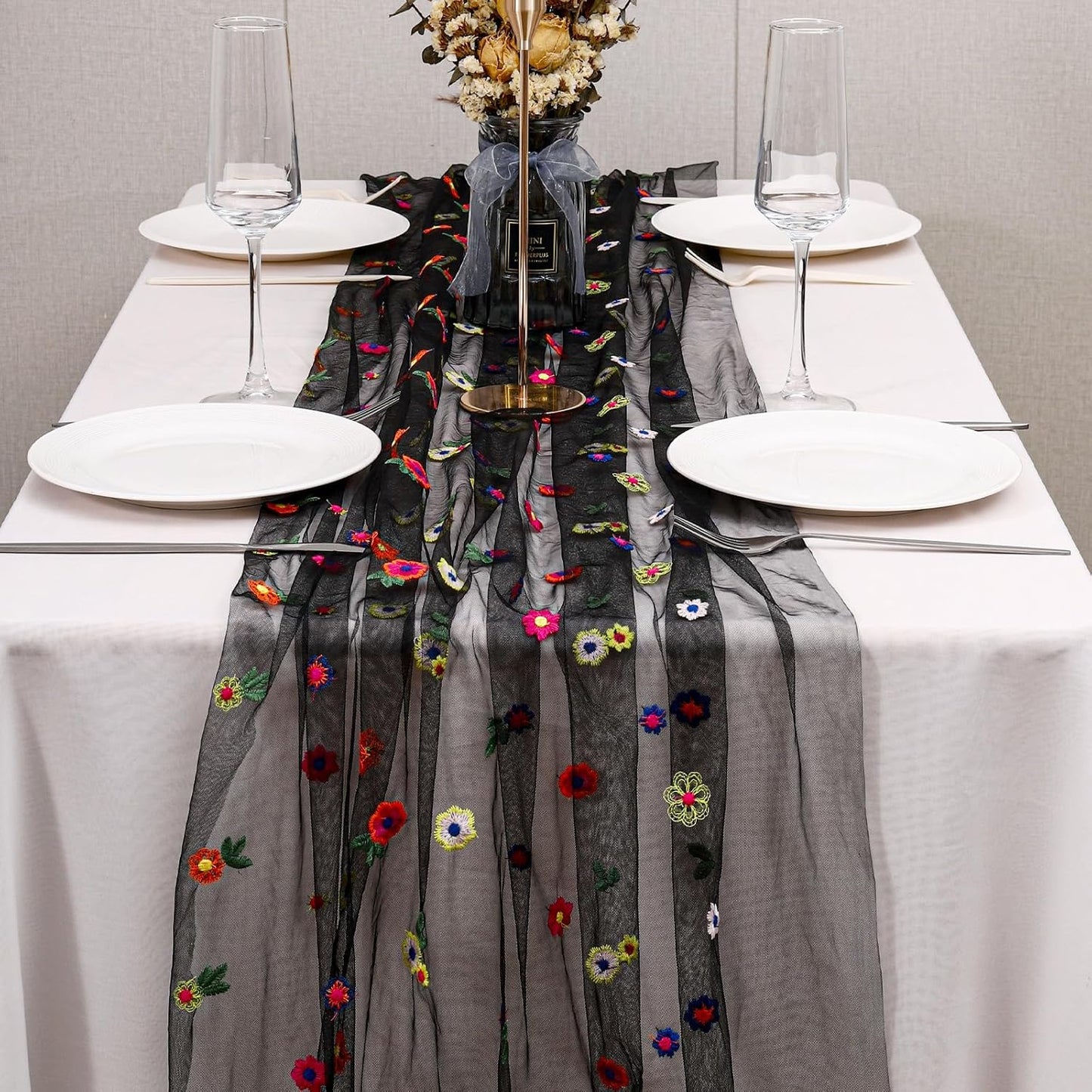BINBE 1pcs Black Daisy Fall Table Runner Embroidery Gauze 10FT Florals Seasonal Tulle Holiday Birthday Kitchen Dining Table Decor for Home Party