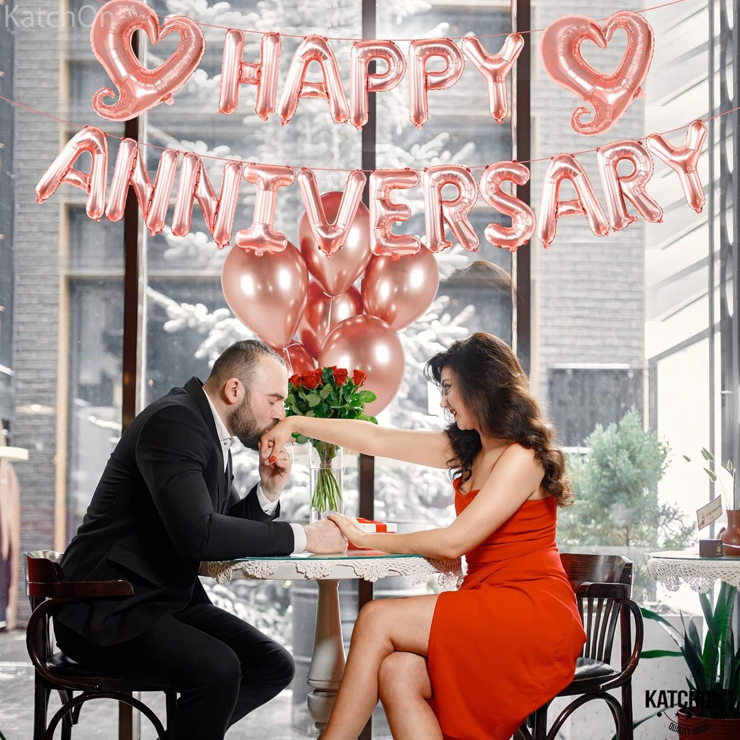 KatchOn Rose Gold Anniversary Balloons - 18 inch Letters, Hook Heart | Rose Gold Anniversary Banner & Backdrop