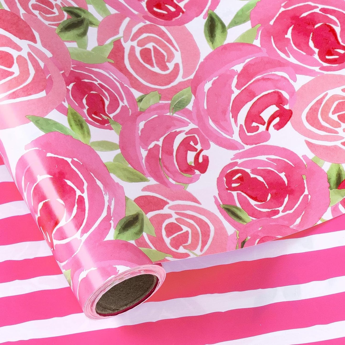 RUSPEPA Reversible Wrapping Paper Roll - Mini Roll - Watercolor Style Pink Rose and Stripe Pattern Great for Mother's Day, Birthday, Party, Wedding and More - 17 Inches X 32.8 Feet