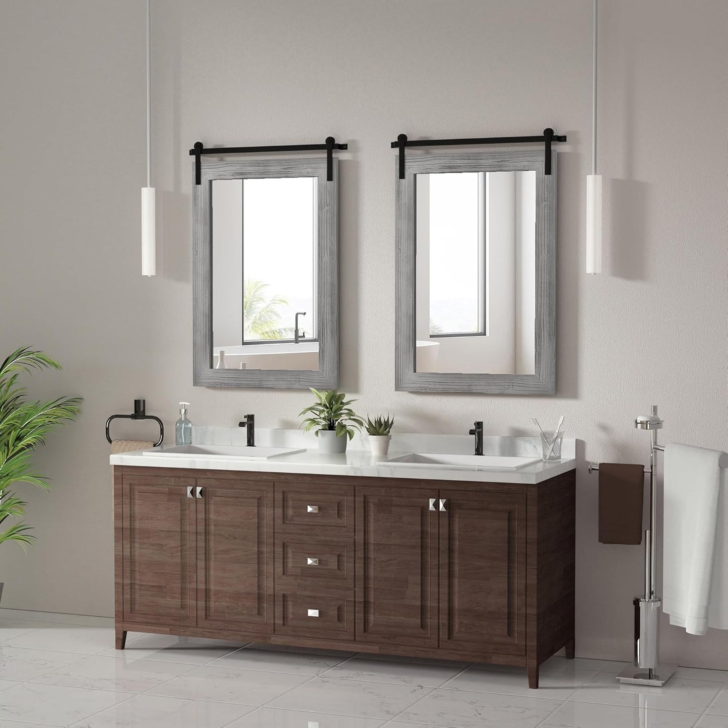 COGOOD Farmhouse Barn Door Mirror - 25 x 38 Rustic Bathroom Mirror for Living Room, Entryway, Vanity Wall Decor (Grey)