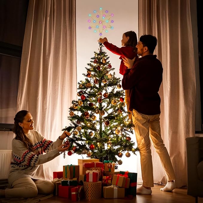 Christmas Tree Star Topper, RGB 8In Glittered Star Tree Topper Light with 20 LED Lights, Hollow Designed with USB Plug for Indoor New Year Holiday Tree Decoration