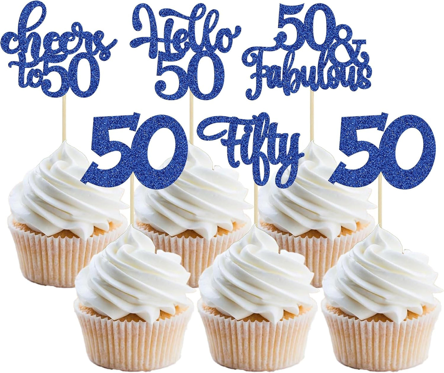 30Pcs Happy 50th Birthday Cupcake Toppers Deep Blue Glitter Fifty Cheers to 50 Years Old Birthday Cupcake Picks for 50th Birthday Anniversary Party Cake Decorations Supplies