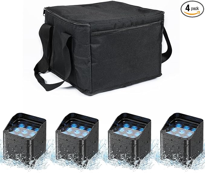 4PCS Battery Powered Waterproof Stage Par Lights with Bag, 9X18W LED 6in1 RGBWA+UV, Remote APP DMX Control, Quiet Uplighting for Church, DJ, Wedding, Black