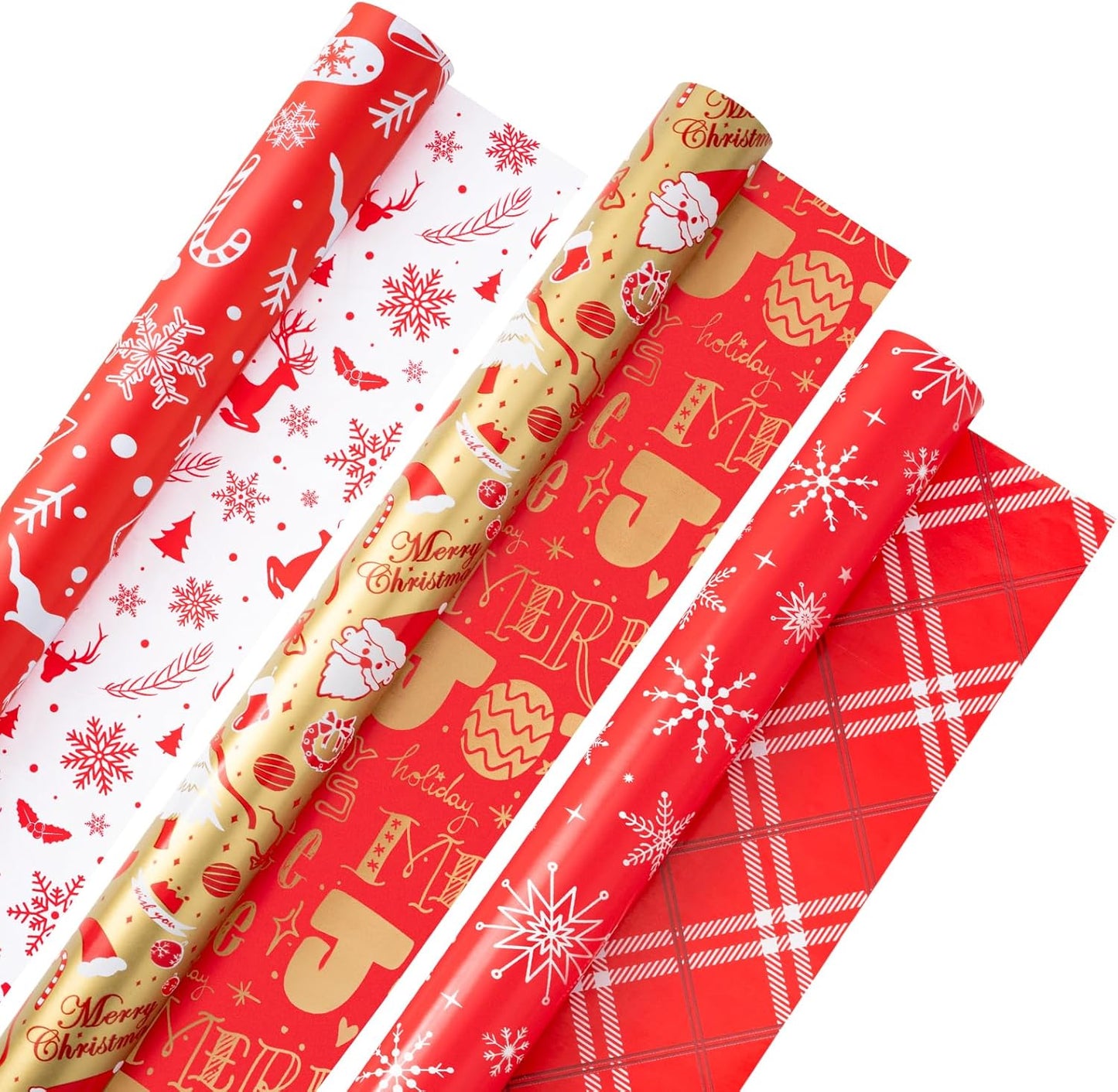 Christmas Gift Wrapping Paper Rolls,3 Rolls 17inches x 198inches Reversible Gift Wrapping Paper, Red Gold White Wrapping Paper, Snowflakes, Stripes, Plaid, Santa hat, Christmas decorations