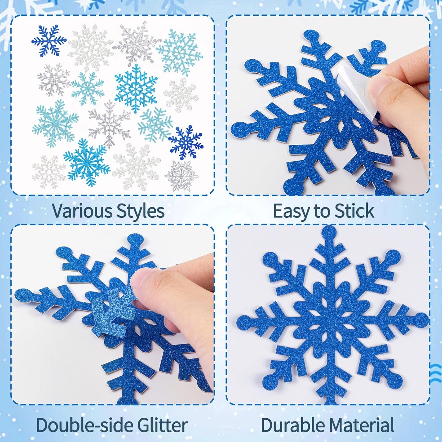 Winter Snowflake Cutouts Glitter Paper Decorations - 50Pcs Blue and Silver Double-Side Christmas Cutouts for Holiday Winter Wonderland Bulletin Board, Frozen Party Decor