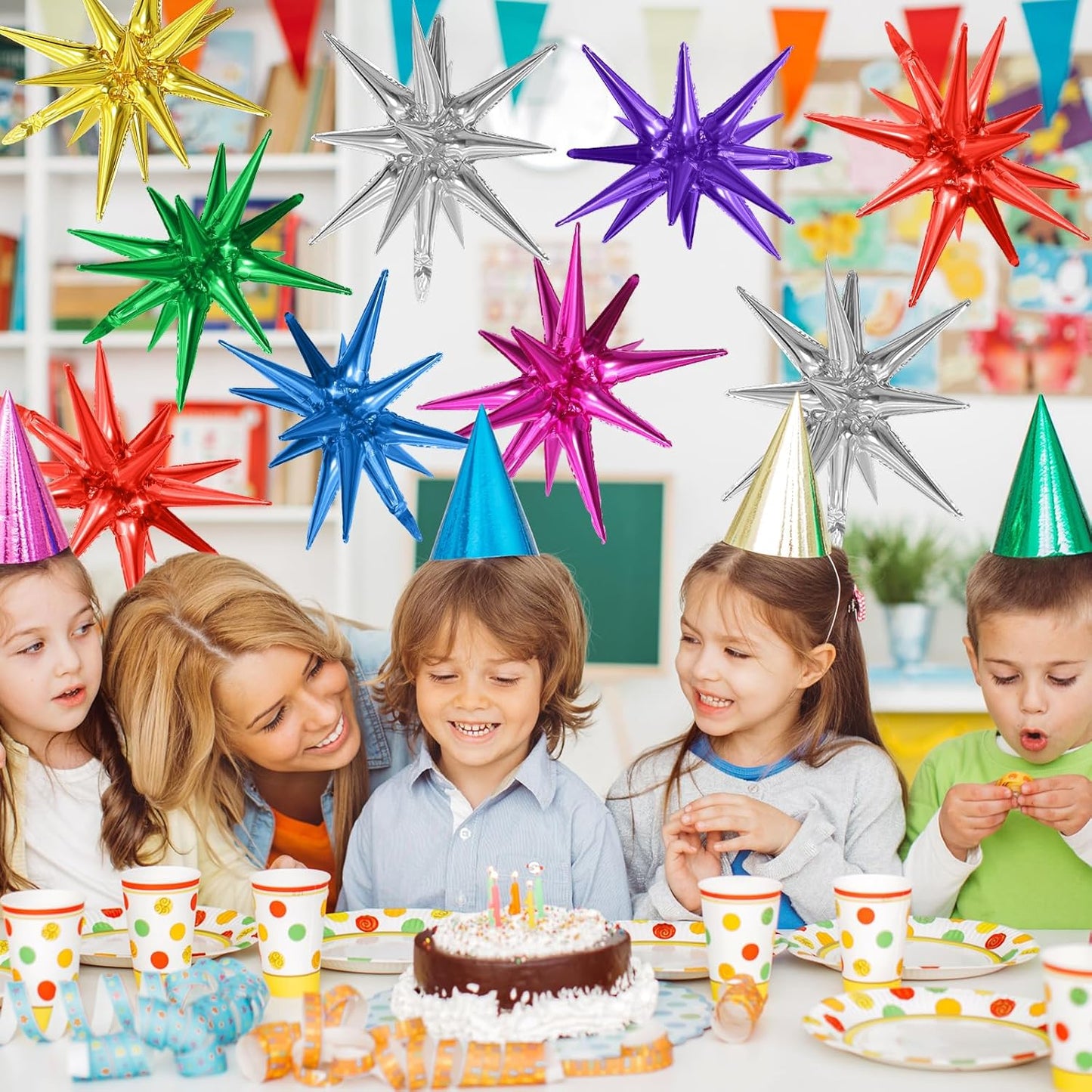 Colorful Star Balloons,9Pcs 22Inch Rainbow Explosion Spike Cone Helium Polyester Film Star Foil Balloons for Birthday Anniversary Baby Shower New Year Christmas Disco Party Decorations