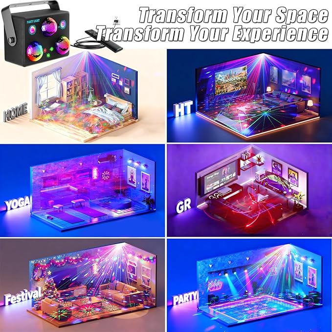 6-in-1 Disco Ball Party Lights with Sound Activation & Remote Control: Multi-Effect Lighting with Star Projector, Ocean Wave and LED Strobe for Home, Christmas, Birthday, Wedding, Bar and Club