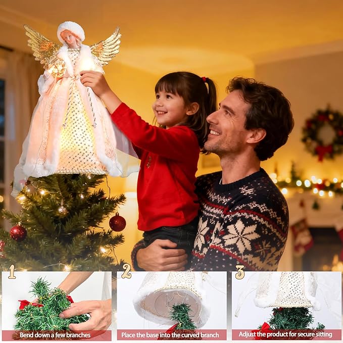 Angel Christmas Tree Topper with Lights, 12 Inch Lighted Angel Xmas Tree Toppers Decoration, Luxury White Fabric Angel Figurine Ornament for Christmas Tree Holiday Party Indoor Decor