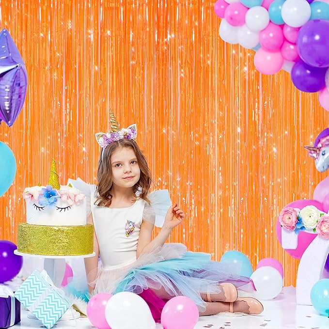 2 Pack Orange Metallic Tinsel Foil Fringe Curtains, Door Streamers Photo Booth Backdrop for Birthday Party, Tinsel Curtain Backdrop for Baby Shower Bachelorette Christmas Party Decorations