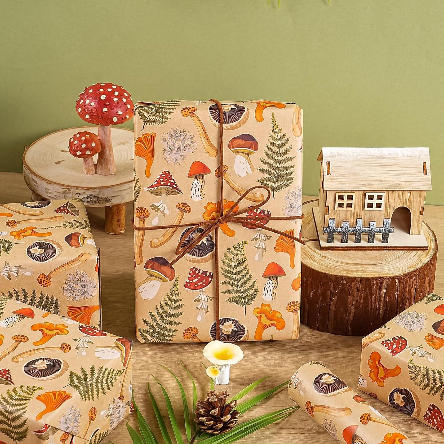 WRAPAHOLIC Kraft Mushroom Wrapping Paper Roll - Mini Roll - 17 Inch x 16.5 Feet - Mushroom Gift Wrapping Paper for Birthday, Baby Shower, Autumn