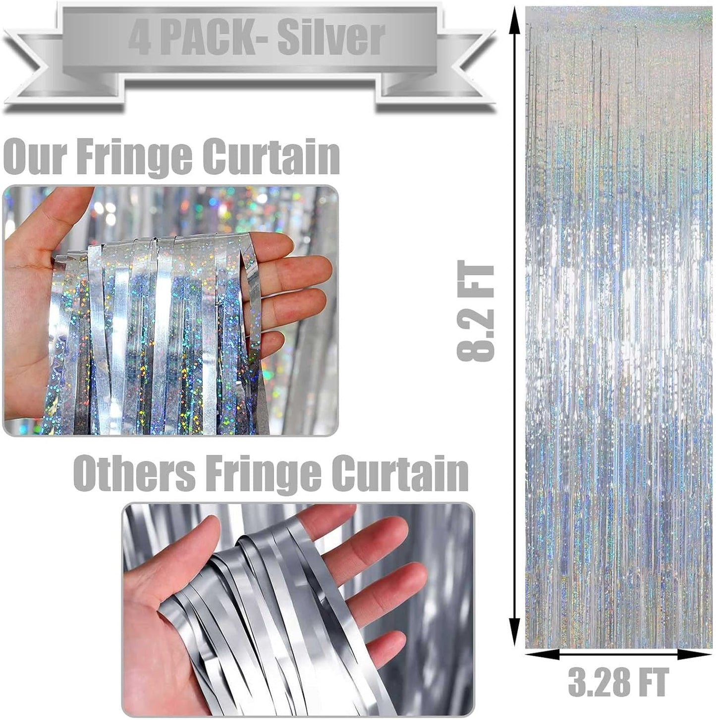 4 Pack Silver Tinsel Foil Fringe Curtain Backdrop, 3.28Ft x 8.2Ft Metallic Streamers for Photo Booth Props Wedding Bridal Shower Bachelorette Birthday Halloween Christmas Party Decoration