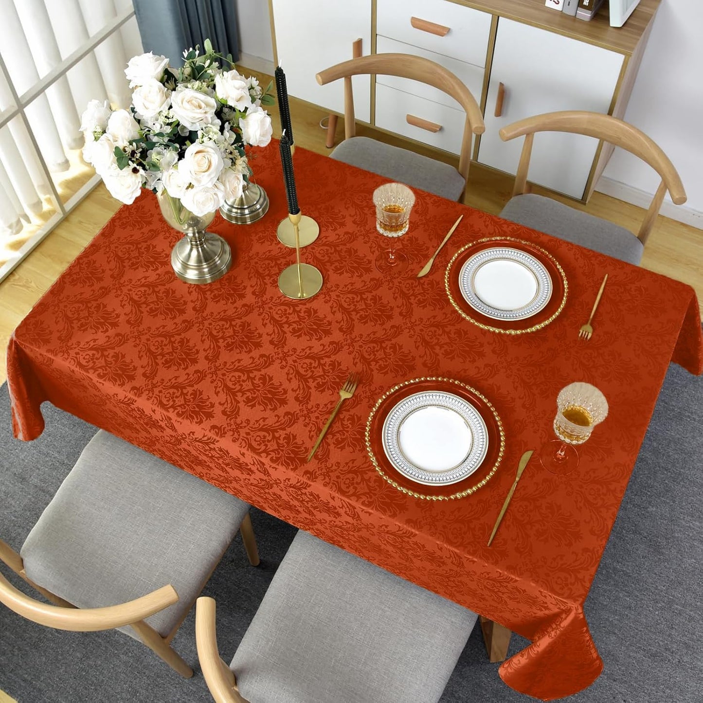 SASTYBALE Jacquard Rectangle Tablecloth, Rusty Spill-Proof Wrinkle Resistant Damask Table Cloth, Soft Polyester Oblong Table Cover for Kitchen Parties Thanksgiving - 60 x 102 Inch Rust
