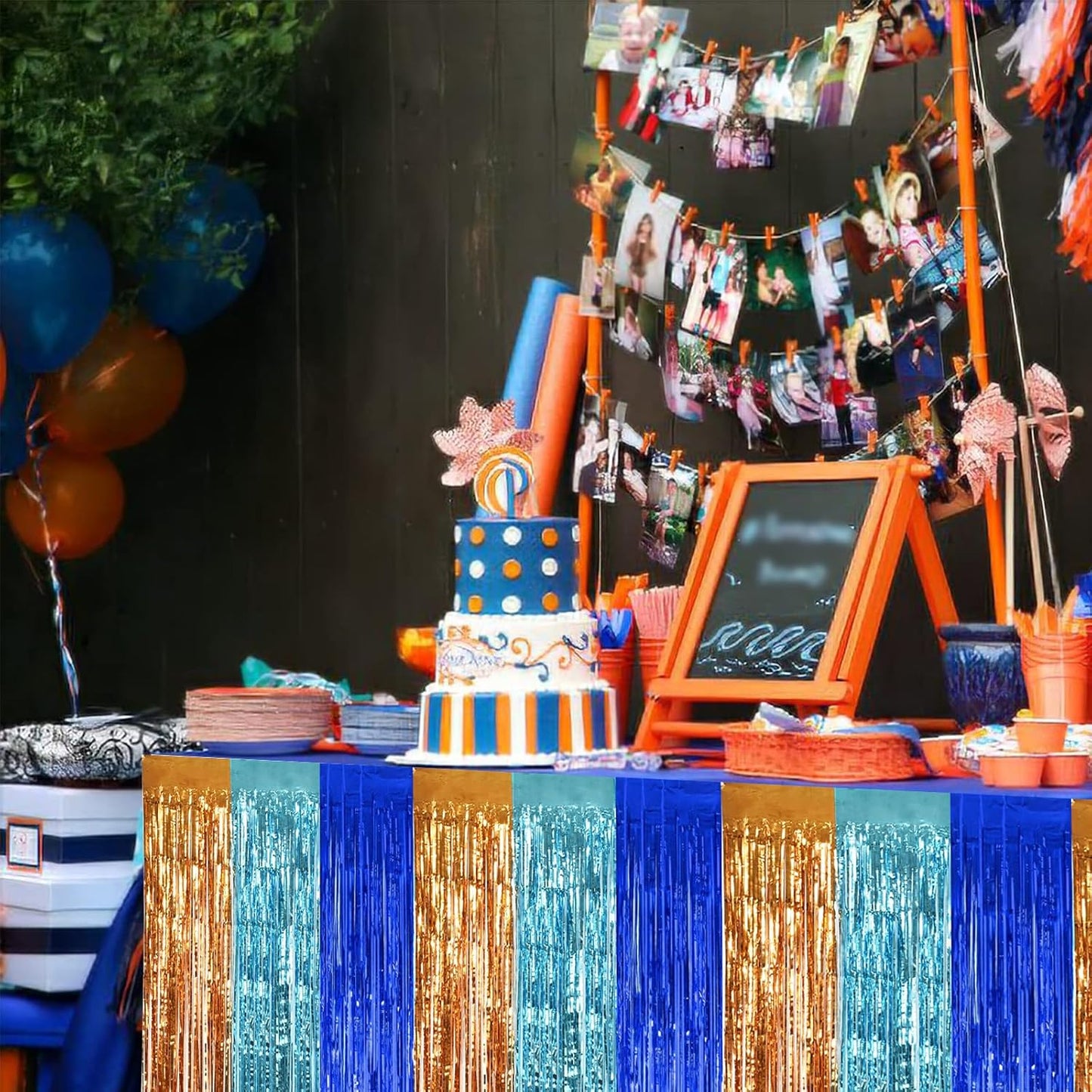 BEISHIDA 2 Pack Orange Blue Light Blue Table Skirts Party Decorations Metallic Tinsel Foil Fringe Table Skirts Table Decors for Rectangle and Round Table Birthday Holiday Party Cartoon Party