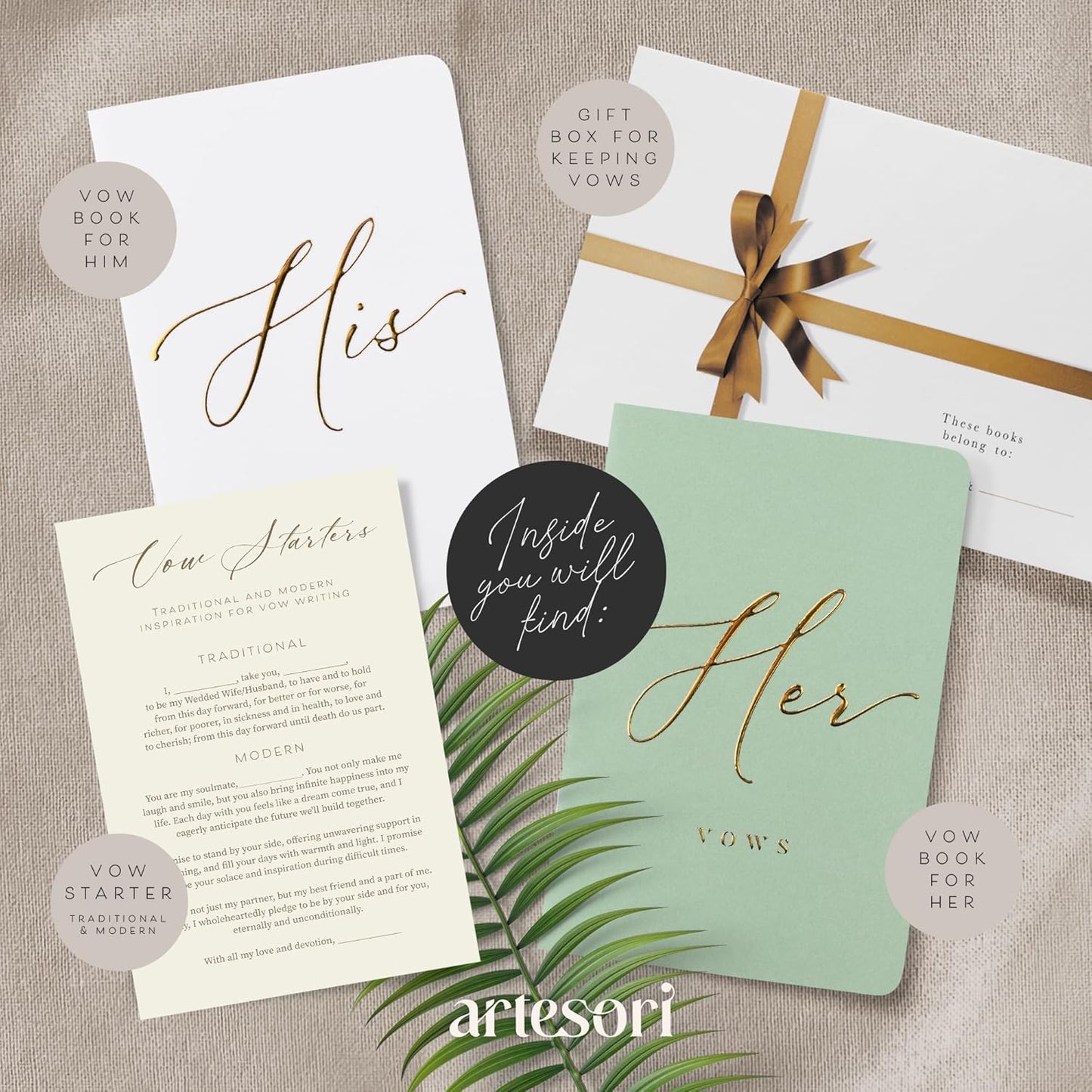 ARTESORI Wedding Vow Book for Her & Him, Soft Touch, Gold Engraving, 28 Lined Pages, Wedding Vow Books His and Hers, Wedding Essentials, Wedding Registry Gifts, His and Hers Gifts [Mint & White]