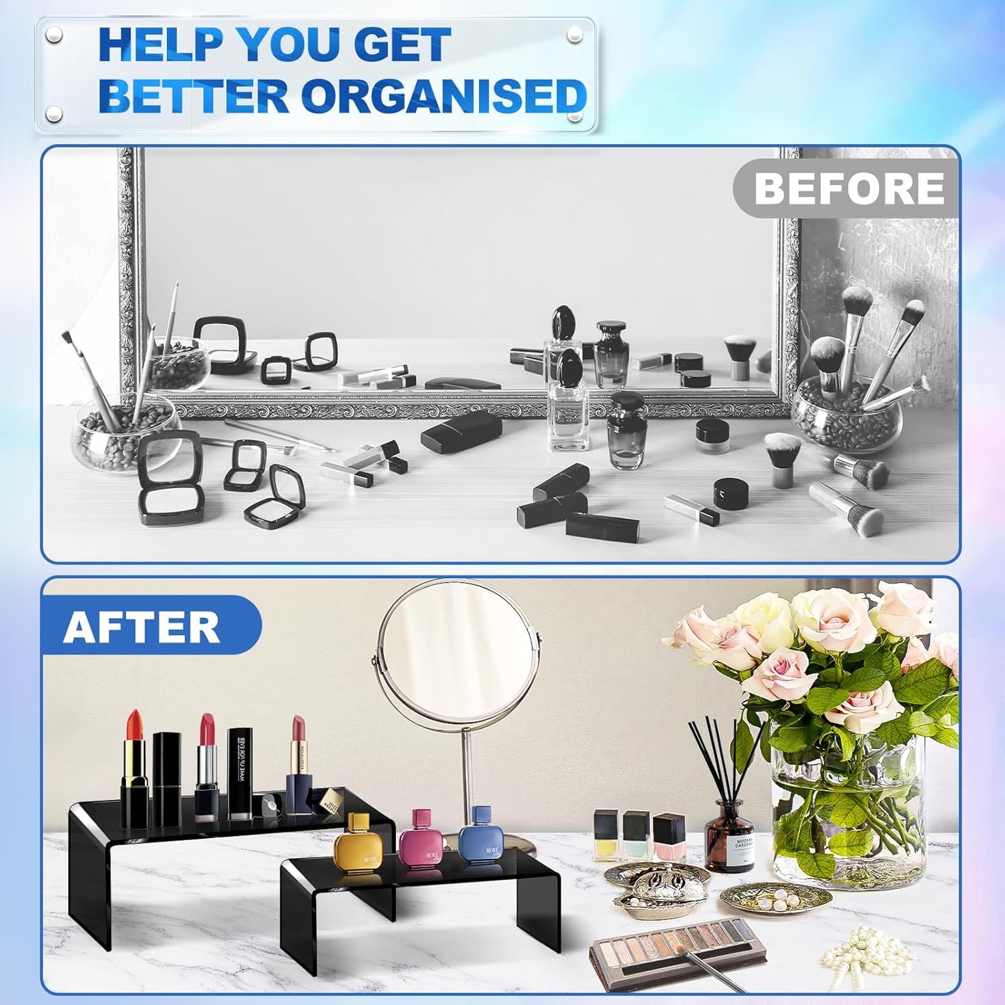 Aheroi Acrylic Risers, 8 Pcs 2 Set(7”L~8”L~9”L) Display Risers, Black Arylic Display Stands Acrylic Shelf Riser, Display Holders for Vendor Events, Cupcake Stands, Toys Display Clear Shelves