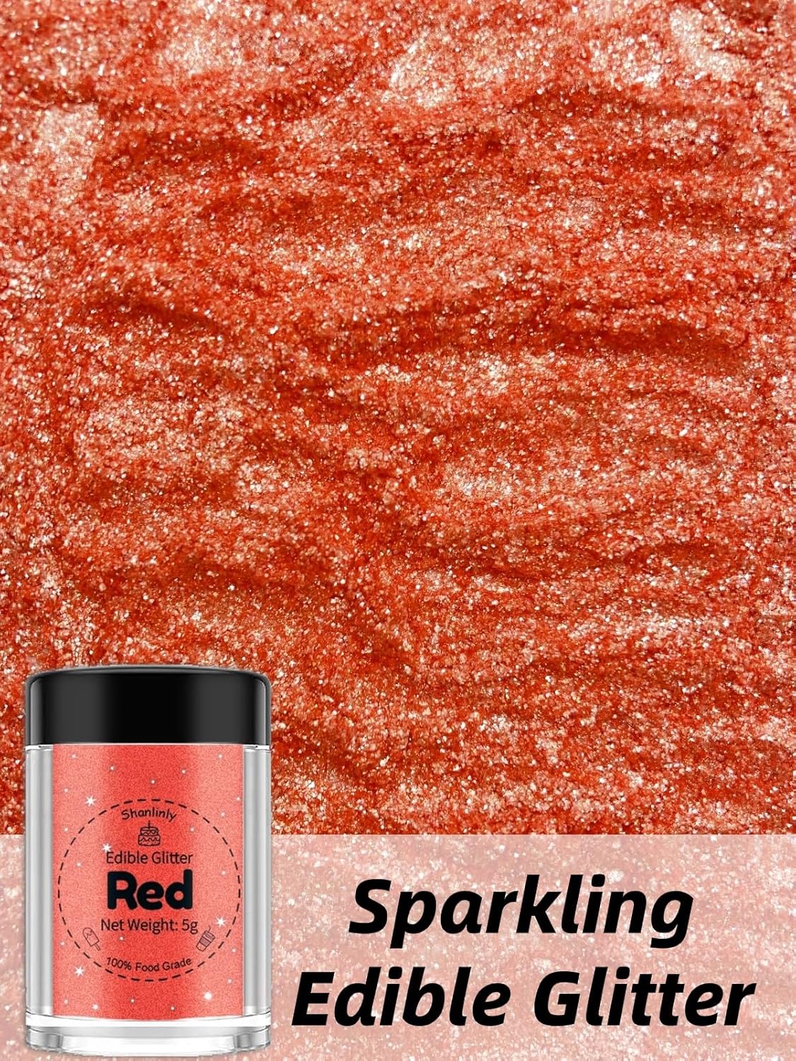 Shanlinly Red Edible Glitter for Cakes Drinks - Food Grade 5g Shimmer Luster Glitter Dust Edible Glimmer Powders for Strawberries, Sprinkle on Sparkle, Chocolate, Cookie, Cupcake, Cocktail, Vegan