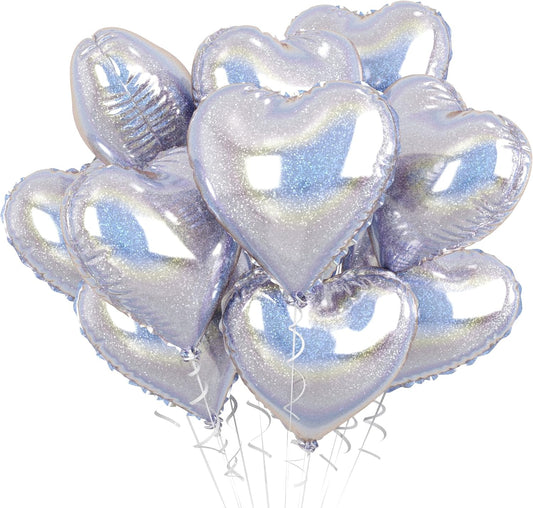 Glitter Silver Foil Heart Balloons, 10PCS Silver Heart Shape Balloons, Valentines Balloons 18inch Love Foil Balloons Helium for Valentines Day, Wedding, Brithday, Baby Shower Party Decorations