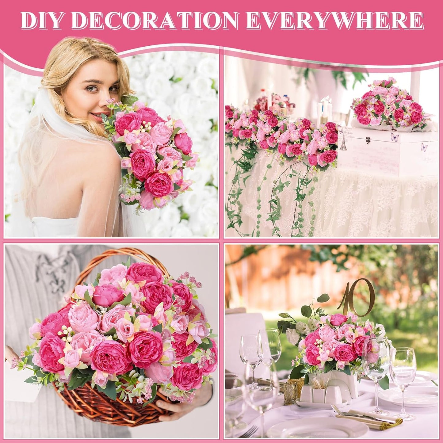 8 Bundles Artificial Peonies Flowers Boho Faux Flowers Arrangements Artificial Centerpiece Spring Bouquet Floral Wedding Decoration for Vase(Pink Series)