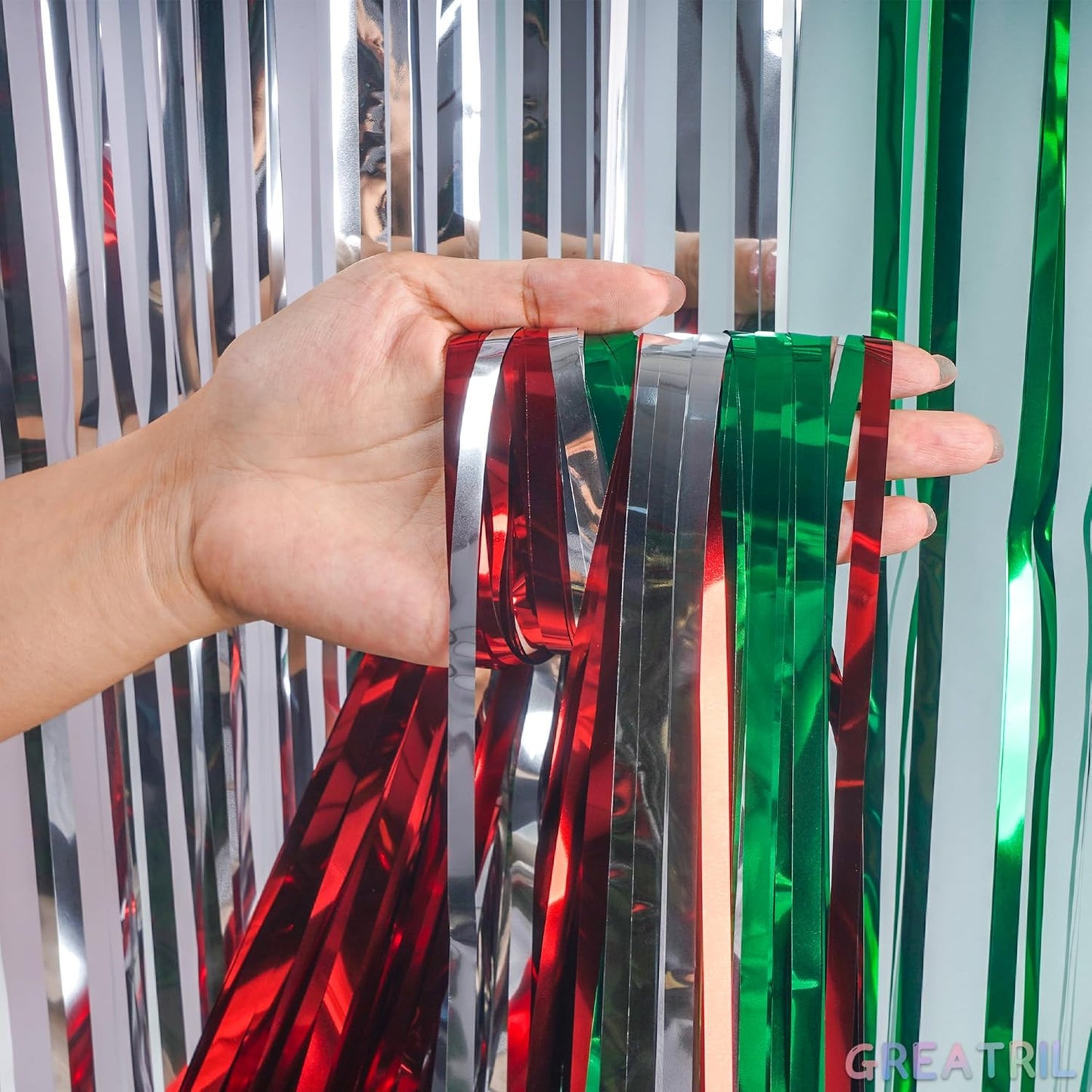 Red Silver Green Party Streamers - GREATRIL Christmas Tinsel Backdrop for Xmas Winter Italian Elf Themed Parties Decorations - 2 Packs