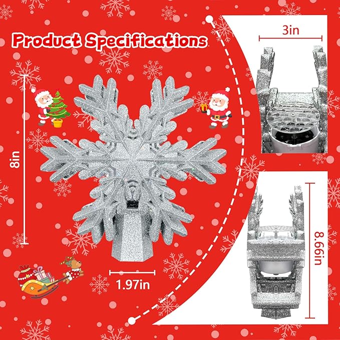 Christmas Tree Topper Lighted with Snowflake Projector, LED Rotating Snowflake, 3D Glitter Lighted Tree Topper for Christmas Tree, Hollow Design, Christmas Tree Decor for Home Office Indoor, Silver