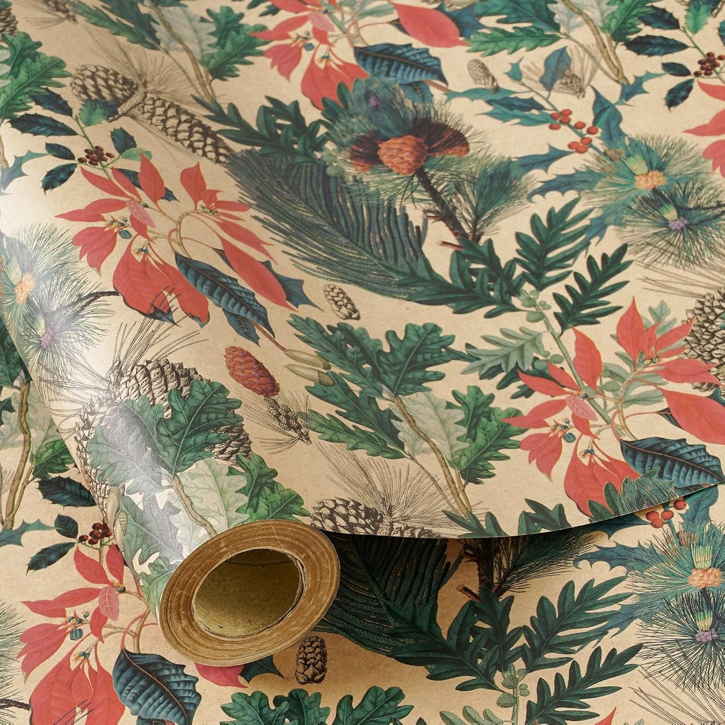 RUSPEPA Kraft Christmas Wrapping Paper Roll, Mini Roll, Watercolor Winter Botanical Design with Pinecones, Holly and Poinsettia, Kraft Gift Wrap for Xmas Holiday, Winter Party, 17 Inches x 16.4 Feet