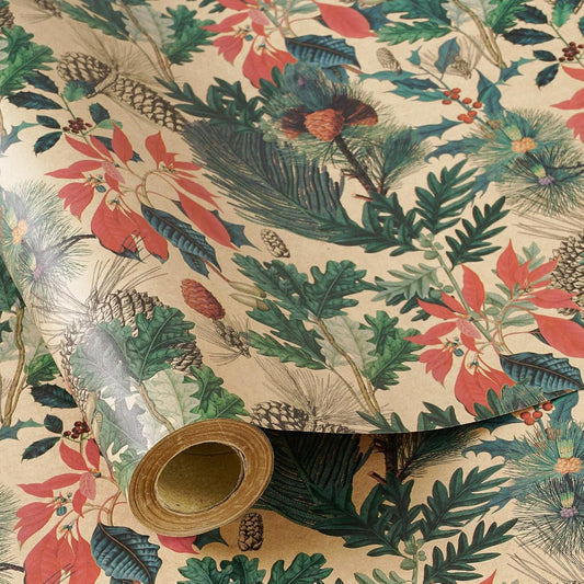 RUSPEPA Kraft Christmas Wrapping Paper Roll, Mini Roll, Watercolor Winter Botanical Design with Pinecones, Holly and Poinsettia, Kraft Gift Wrap for Xmas Holiday, Winter Party, 17 Inches x 16.4 Feet
