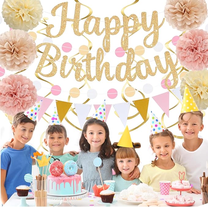 Gold Birthday Decorations, Happy Birthday Banner and Paper Pompoms, Hanging Swirls, Circle Dots Garland, Pennant Flags for Girls Women Party Decorations